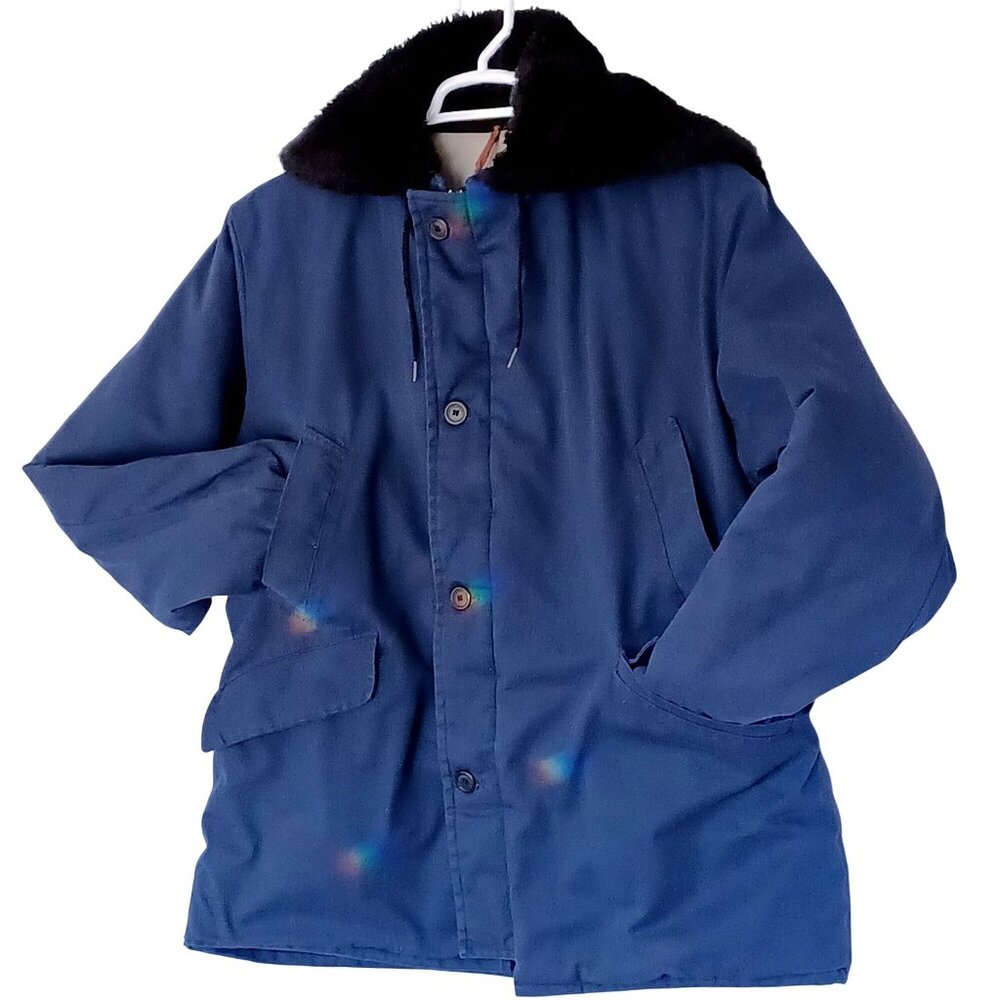 Vintage Winter Parka Navy Coat Mid Length Hood Button & Zipper Barn Jacket Men L